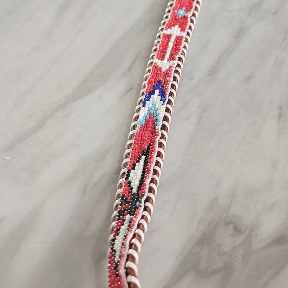 Vintage Beaded Leather Belt Thunderbird design Genuine Cowhide Size 28 main image 2